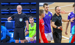 FIFA kategorijos futsal teisėjai Š. Tamulynas ir M. Pomeckis teisėjaus Čempionų lygos atrankos rungtynėse